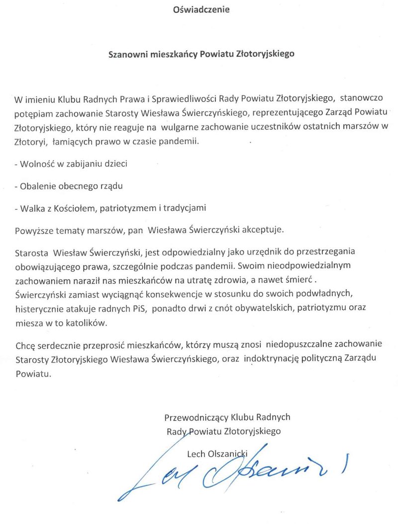 oświadczenie , Lech Olszanicki